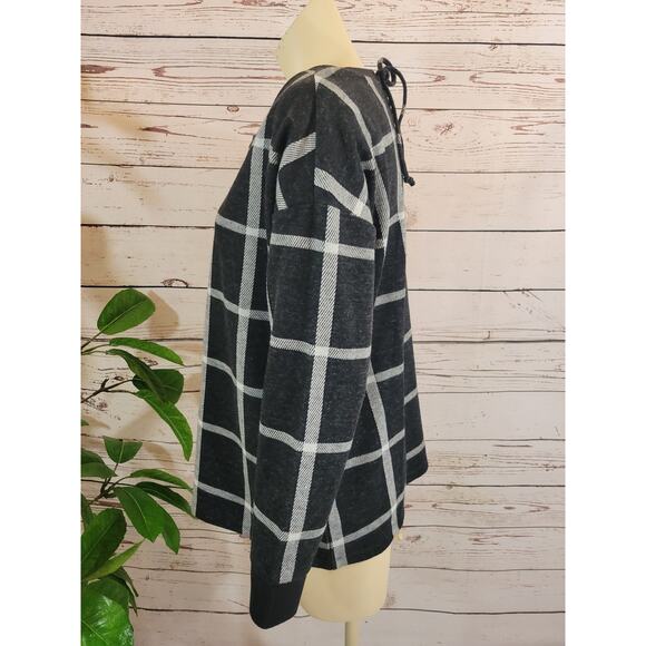 Liz Claiborne Plaid Pullover Top Lace back Long Sleeve Black/Gray Sz Large - Picture 5 of 7